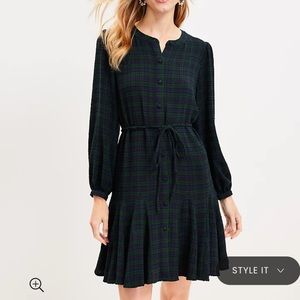 NWT Loft Dark Green and Navy Plaid Button Down Dress